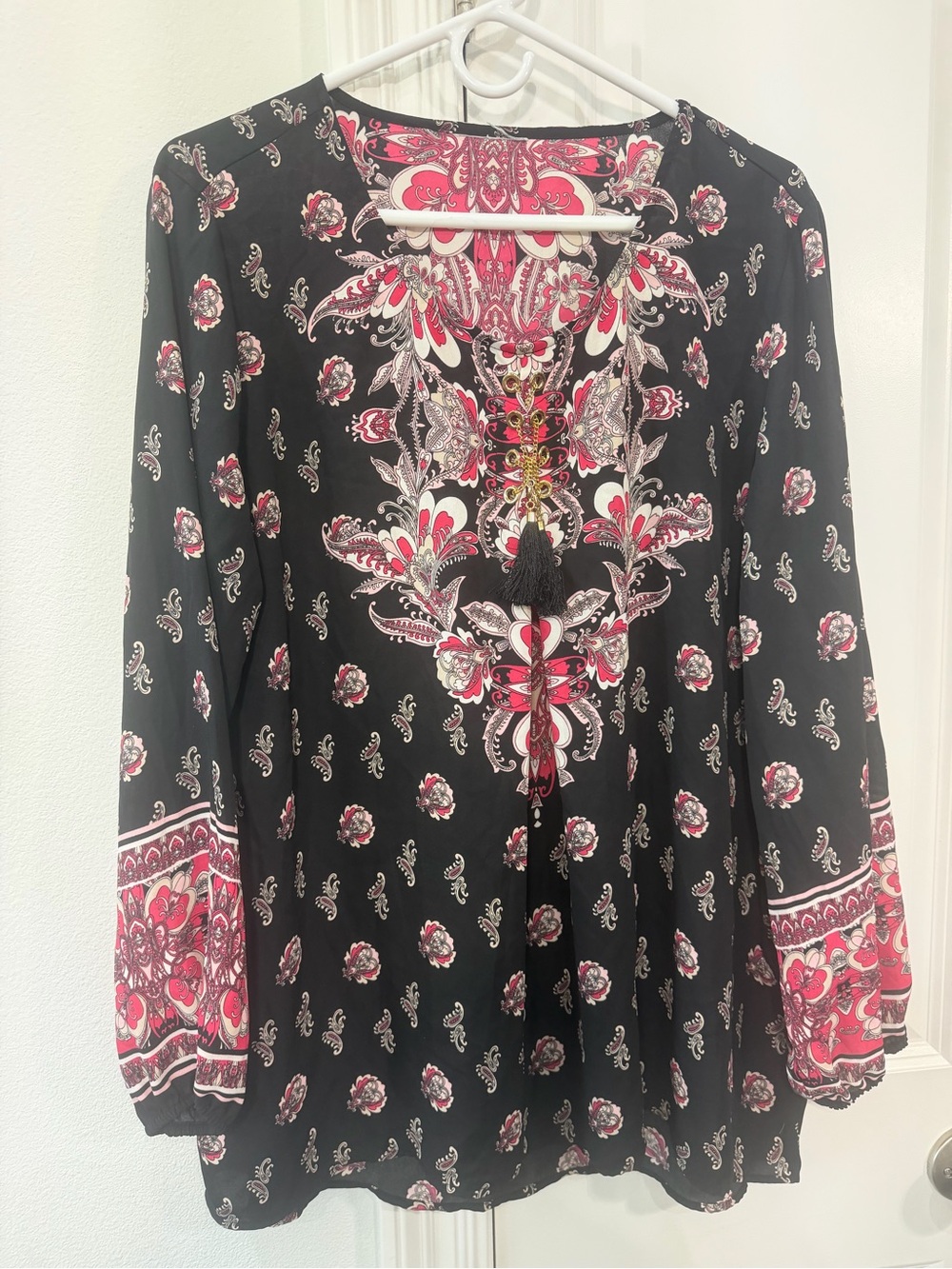 Loft Black and Pink Bohemian Printed Peasant Top